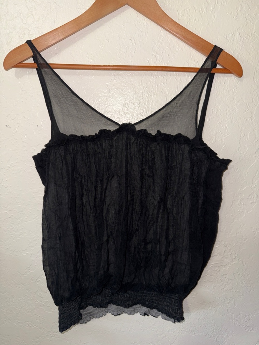 Mystree Silk Blouson Tank Top Sheer Ruffle Trim Smocked Waist Cropped Black Sz S